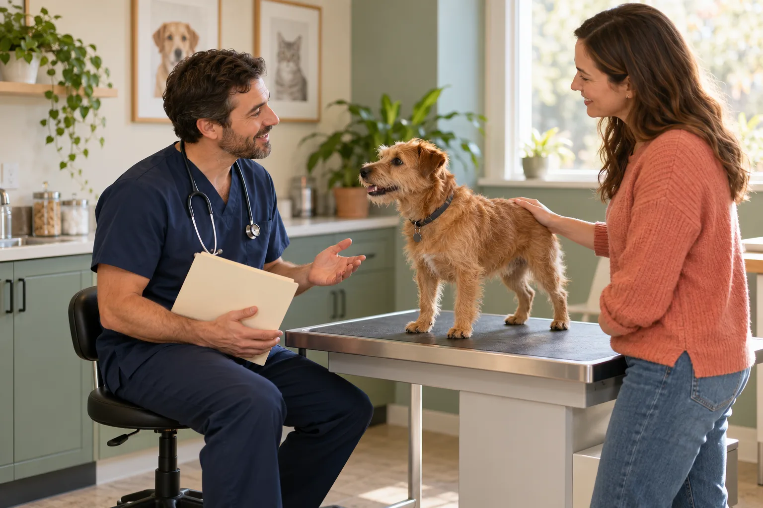Owner discussing a small dog with a veterinary professional
